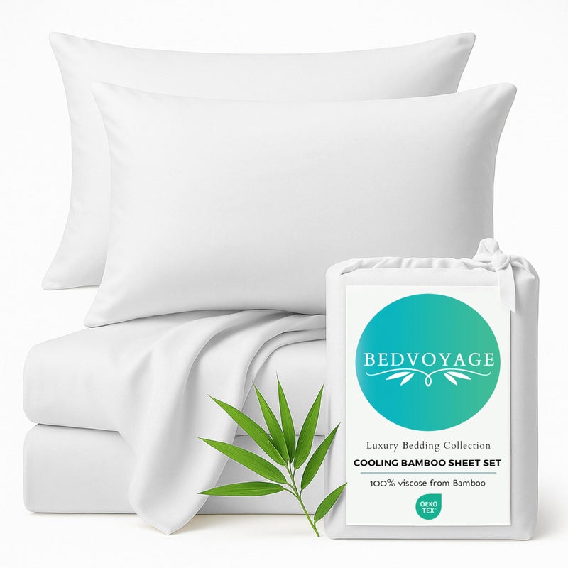 BedVoyage - Viscose from Bamboo Queen Sheet Set - Luxury Sheets Queen Size - Cooling Bed Sheets 18" Deep Pocket - Ultra Soft Sheet and Pillowcase Set - White - Image 1